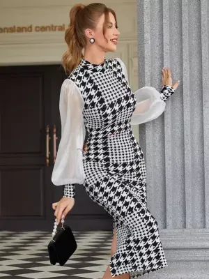 Modelyn Houndstooth Contrast Mesh Lantern Sleeve Slit Back Bodycon Dress Long Evening Dresses