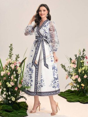 Modelyn Floral Print Lantern Sleeve Belted Evening Dress Long Evening Dresses