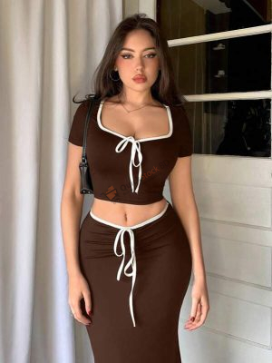 Aloruh Summer Valentine's Day Bowknot Tie Crop Sleeve Crop Top And Fish Tail Skirt Set, Holiday