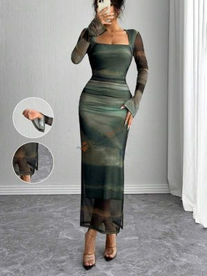 Rafferiza Long Sleeve, Split Cuff, Drawcord Waist, U-Neck, Mesh Abstract Print Fitted Dress For Women Maxi Women Outfit
