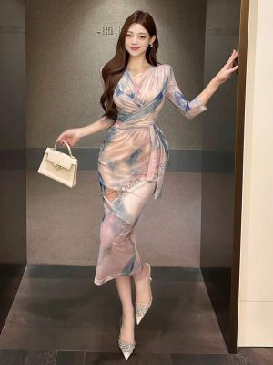 DAZY V-Neck Allover Floral Print Cross Front Midi Dress For Women Prom Dress