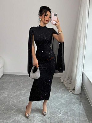 Elenzga Crew Neck Sparkly Foil Patchwork Fitted Women Dress