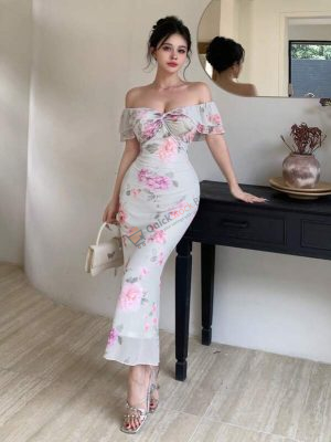 DAZY Bohemian Holiday Beach Floral Full Print Off Shoulder Ruffle Hem Mermaid Hem Midi Dress For Women