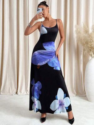 Lavishia Romantic Purple Floral Print Long Dress With Black Background,Valentine Day Dress,Vacation Outfits Woman,Spring Outfits For Women, Coquette ,Festiva