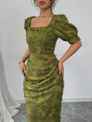 SHEIN Modely Women's Solid Color Short Sleeve Square Neck Simple Fashionable Casual Dress, Daily Wear