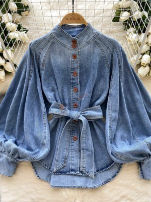 Retro straps waist-closed stand collar lantern denim shirt
