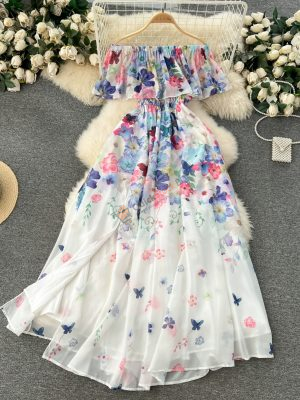 New Vacation dress for women ruffle one-shoulder slim long chiffon fairy skirt