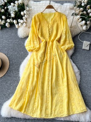 V-neck lantern sleeves hollow embroidery dress