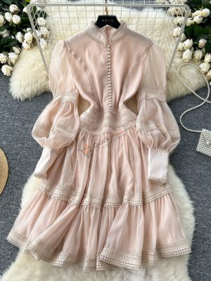 High-end elegant puff sleeve lace spliced mesh dress