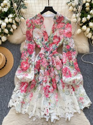Lantern sleeve v-neck hollow hook embroidery dress