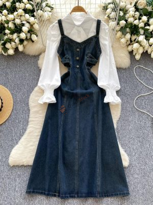 Korean style lace-up puff shirt with denim dress