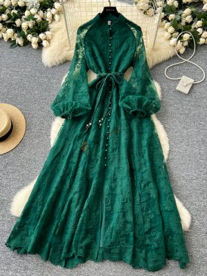 Elegant stand collar embroidered lantern lace-up long dress