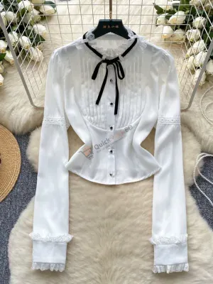 A celebrity dressing for women French sweet contrasting color straps lace fitted waist versatile slim long-sleeved shirt for women