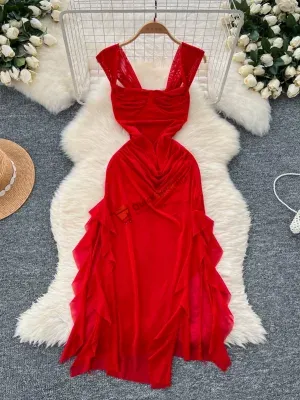 Scheming pleated waist-hugging and slimming slit ruffled mesh long dress