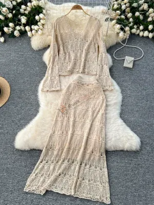 Two-piece set for women's gentle style versatile flap sleeve hollow hook-flower knit top high waist slim skirt