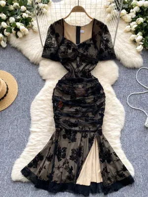 High-end party dress for women with waist slimming flocking print pleated fish tail long skirt