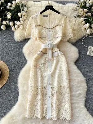 Heavy industry beads inlaid diamond square collar slim fit and slim water-soluble lace midi skirt