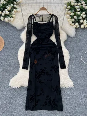 Goddessy two-piece women's versatile long-sleeved mesh blouse waist-hugging and slim flocking printed suspender dress