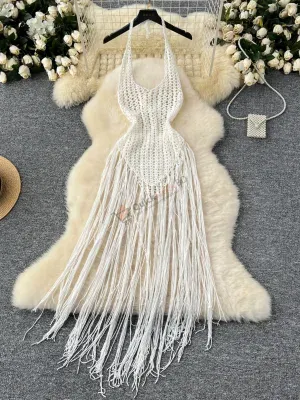 Hollow neck lace knitted tassel squid dress women's versatile slim hot girl vacation dress