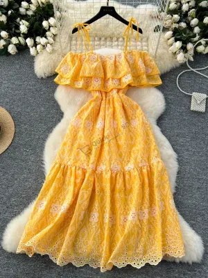 Off-shoulder suspender, ruffle waist-hugging hollow embroidered long dress