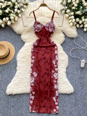 High-end floral suspender dress for women in summer waist-hugging design light luxury long dress