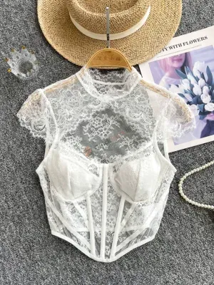 Hollow vest for women in summer mesh lace embroidered fish bone design sense outside wear pure erotic top