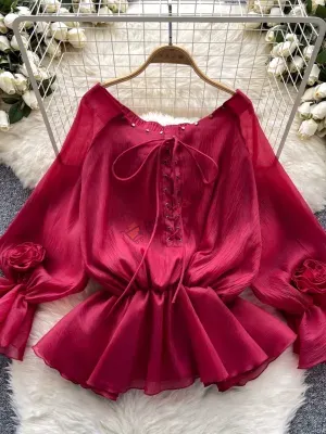 Versatile sweet one-shoulder trumpet long sleeve waist-length lotus leaf hem chiffon shirt