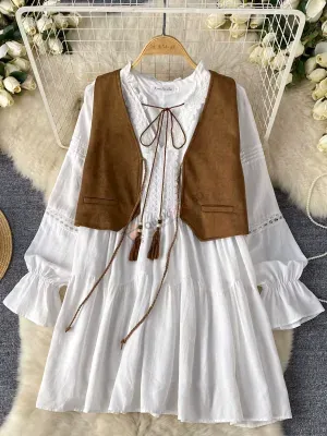 Hollow lace spliced ​​loose long-sleeved dress versatile retro vest layered two-piece set