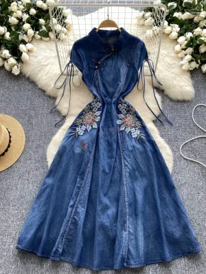 Elegant dress for women French high-end stand-up collar short sleeve lace-up embroidered slim denim dress