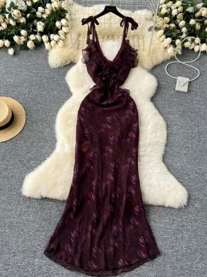 V-neck ruffle halter neck strap waist slimming print chiffon dress