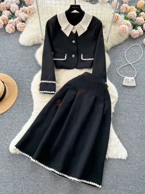 French style fragrance style short suit jacket with high waist drooping pleated skirt two-piece set