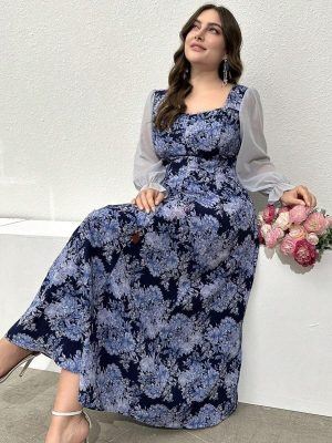 Modelyn Plus Size Flower Printed Lantern Sleeve Long Sleeve Vacation Dress Maxi Women Outfit Long Evening Dresses