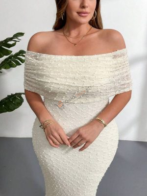 Firerie Plus Size Women's Elegant Romantic Long Dress With Off Shoulder Design, Elastic Textured Fabric, Ruffled Hem, Suitable For Spring/Summer