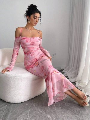 Elenzga Plus Size Women Pink Floral Print Mesh Ruffle Off Shoulder Bodycon Long Sleeve Dress