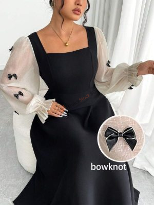 Modelyn Plus Size Color Block Mesh Panel Crew Neck Butterfly Tie Elegant Long Sleeve Dress