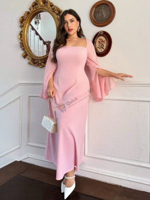 Firerie Plus Size Romantic Pink Chiffon Patchwork Square Neck A-Line Dress, Suitable For Renaissance Fair, Graduation,Formal Dresses For Women
