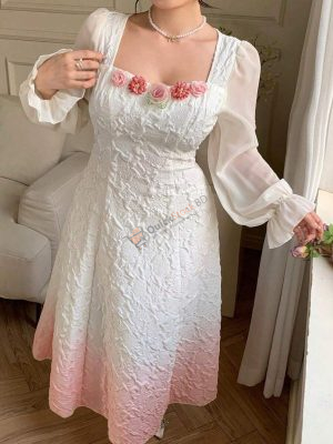 Seusyu Plus Size Elegant Ombre Textured 3D Floral Print Dress Women Plus Sun Dress Graduation Dress