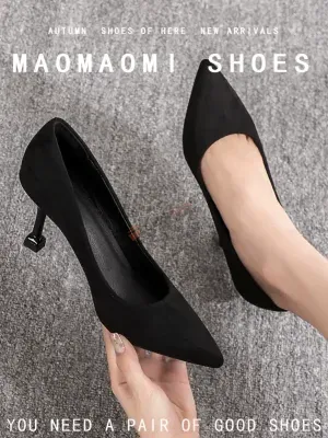 Black high heels for women pointed toe slim heels 2025 new cat heel shoes versatile professional formal suit suede work shoes