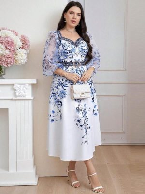 Modelyn Plus Size Elegant Mesh Contrast Floral Printed Sweetheart Neck Lantern Sleeve Dress Long Evening Dresses