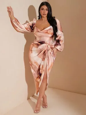 SHEIN BAE Plus Size Women's Elegant Party Date Sexy Draped Neck Ruched Asymmetrical Hem Slit Dress With Long Sleeve, Tie Dye Color Block Printed Satin, Fall Winter, Halloween Party