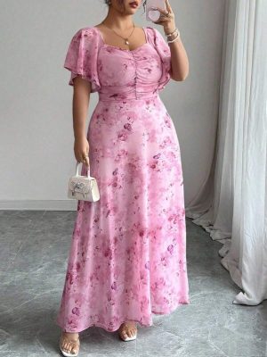 Modelyn Women's Chiffon Butterfly Printed Batwing Short Sleeve Pleated Sweet French Style Summer Dress