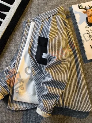 Horizontal fashion Japanese retro striped shirt men's long-sleeved spring and autumn men's high-end casual shirt spring jacket