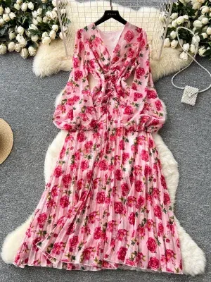 2025 Spring Niche Coffee Break Retro French Design Sense V-neck Drawstring Strap Lantern Sleeve High Waist Floral Dress