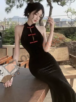 Chinese style sleeveless modified cheongsam skirt daily young slim temperament slim buttoned velvet dress