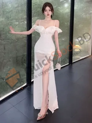 Niche high-end European and American style off-shoulder low-cut suspender dress with slit legs and high waist to show off your figure Banquet dress