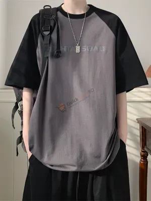 Contrasting color rabosleeves T-shirt men's short-sleeved retro American heavy tops summer loose trendy couple's half-sleeved shirt