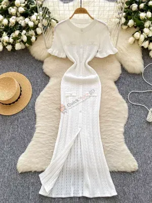 European and American style simple knitted dress for women in summer single-breasted hollow slim fit design light luxury temperament long skirt