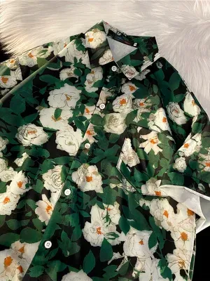 Japanese retro floral shirt men's spring and summer ice silk short-sleeved shirt loose ins trendy drooping and handsome clothes